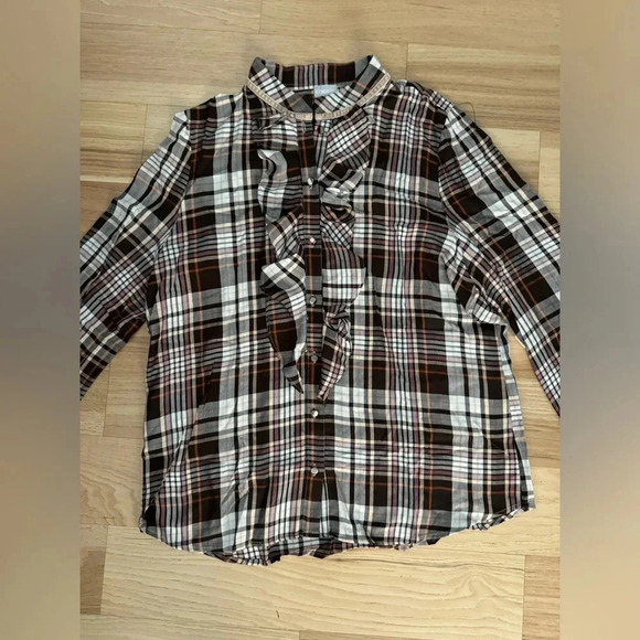 Chicos Chico’s Ruffle Button Front Blouse Sz L Brown Plaid Preppy Academia - Picture 3 of 13